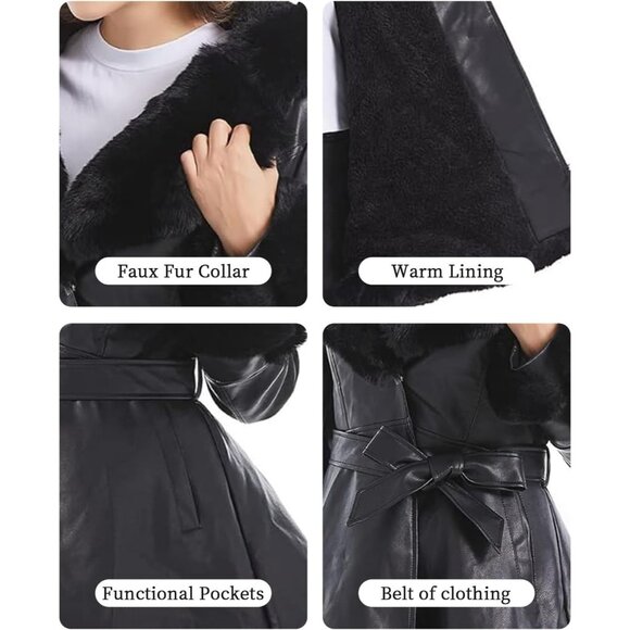 Women's Black Gran Oriente Faux Leather Winter Coat Fur Collar and Belted Design - Picture 4 of 5